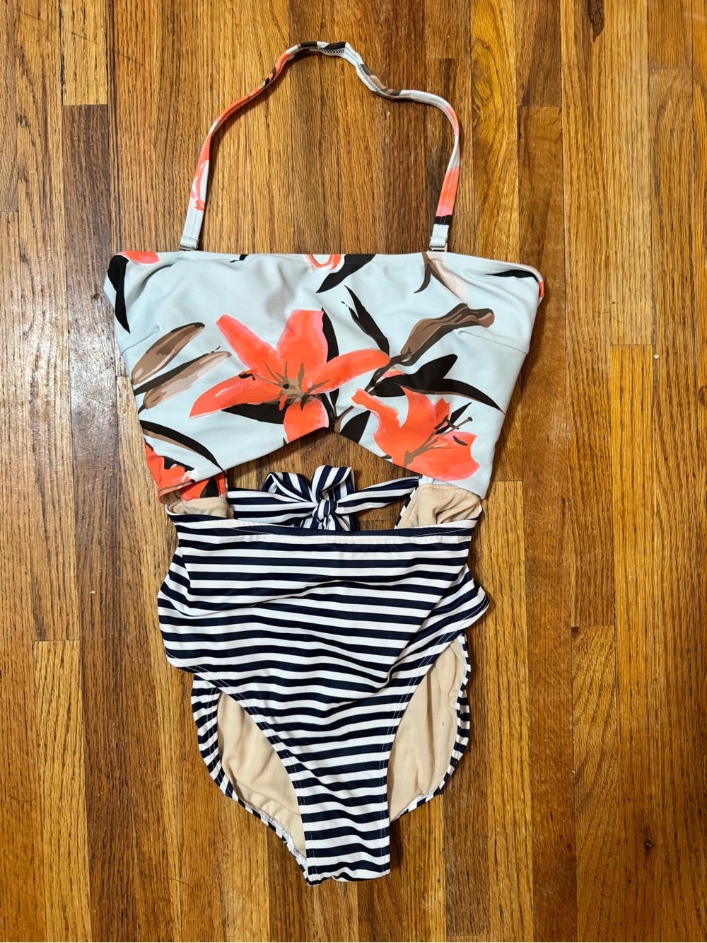 Floral & Stripe One-Piece Swim Suit with Coral Lily Accent